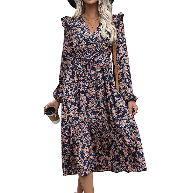 Women’s Wrap Midi Dress with V-Neck, Ruffle Shoulders & Waistband Mune Fashion
