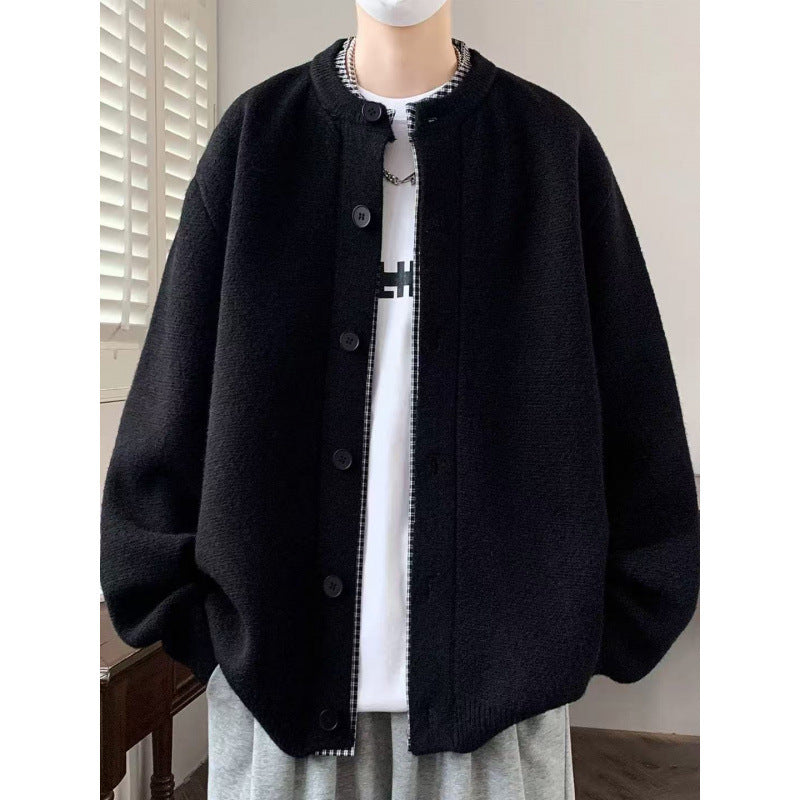Men's Oversized Knit Jacket in Bomber Style with Round Neck and Button Placket Mune Fashion