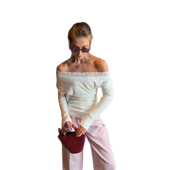Women Slim-Fit Off-Shoulder Fine Knit Top with Lace Edge Mune Fashion