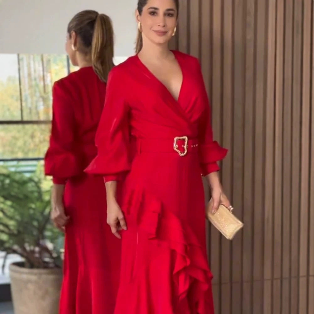 Women's Elegant Wrap Maxi Dress with Ruffles, Fitted Belt & Wide Bell Sleeves Mune Fashion