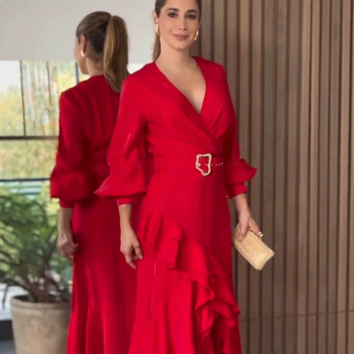Women's Elegant Wrap Maxi Dress with Ruffles, Fitted Belt & Wide Bell Sleeves Mune Fashion