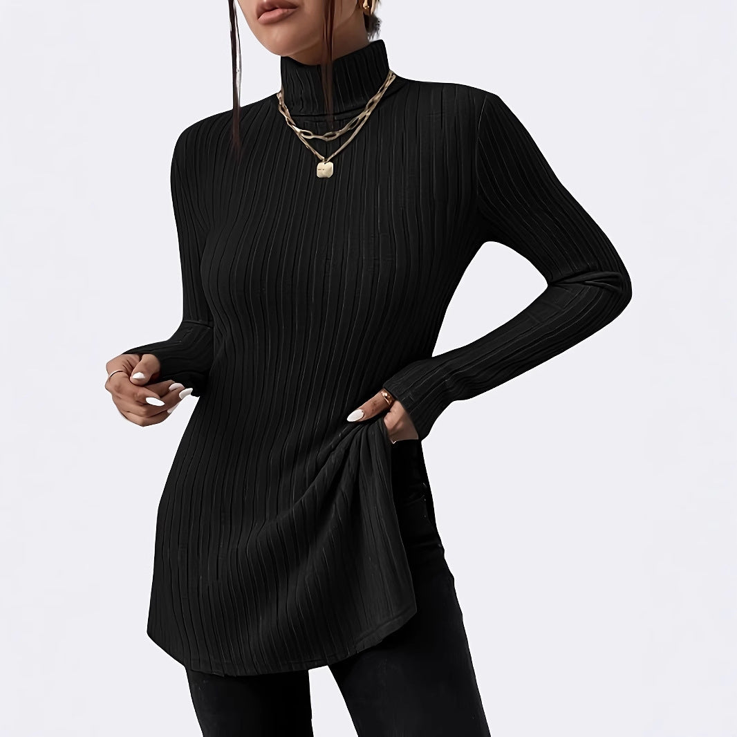 Women's Ribbed Longline Tunic with Stand Collar, Flared Sleeves and Side Slits Mune Fashion