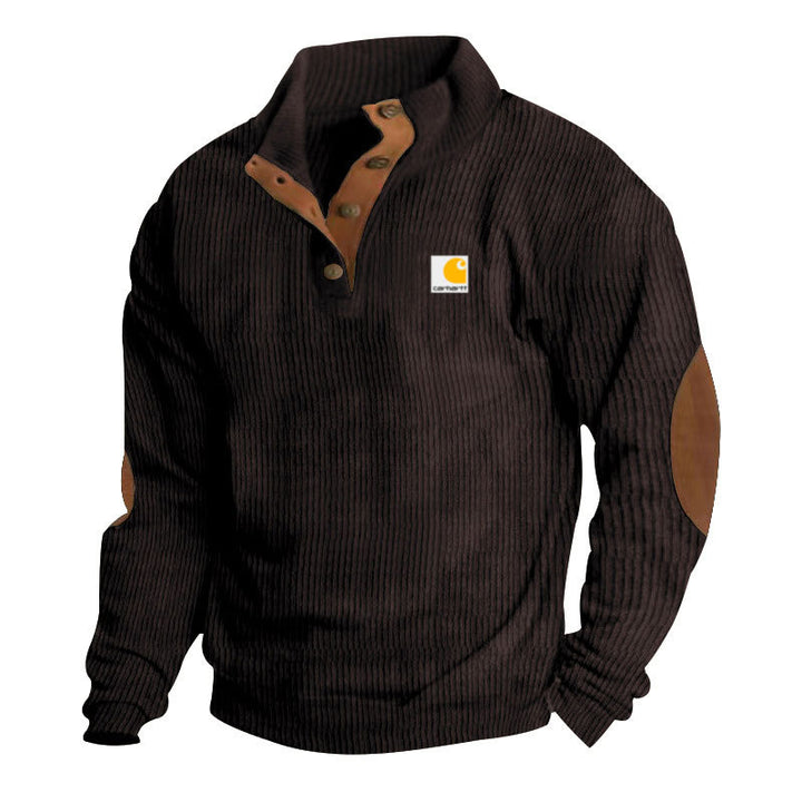 Men's knitted pullover in Troyer style with stand-up collar leather trim snap button placket and elbow patches Mune Fashion