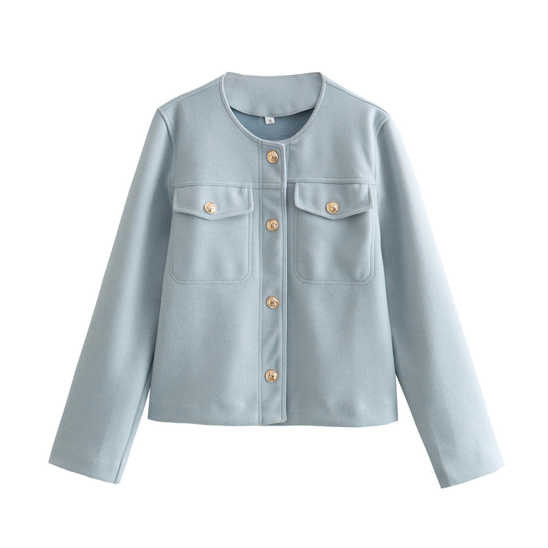 Women's structured short jacket with round neck, breast pockets, and decorative metal button strip Mune Fashion