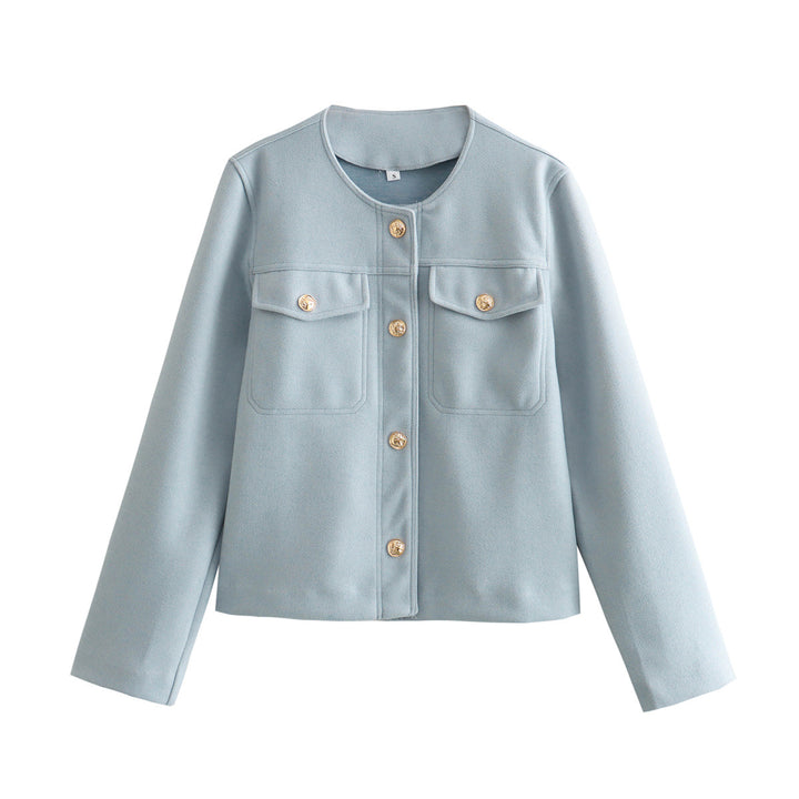 Women's structured short jacket with round neck, breast pockets, and decorative metal button strip Mune Fashion