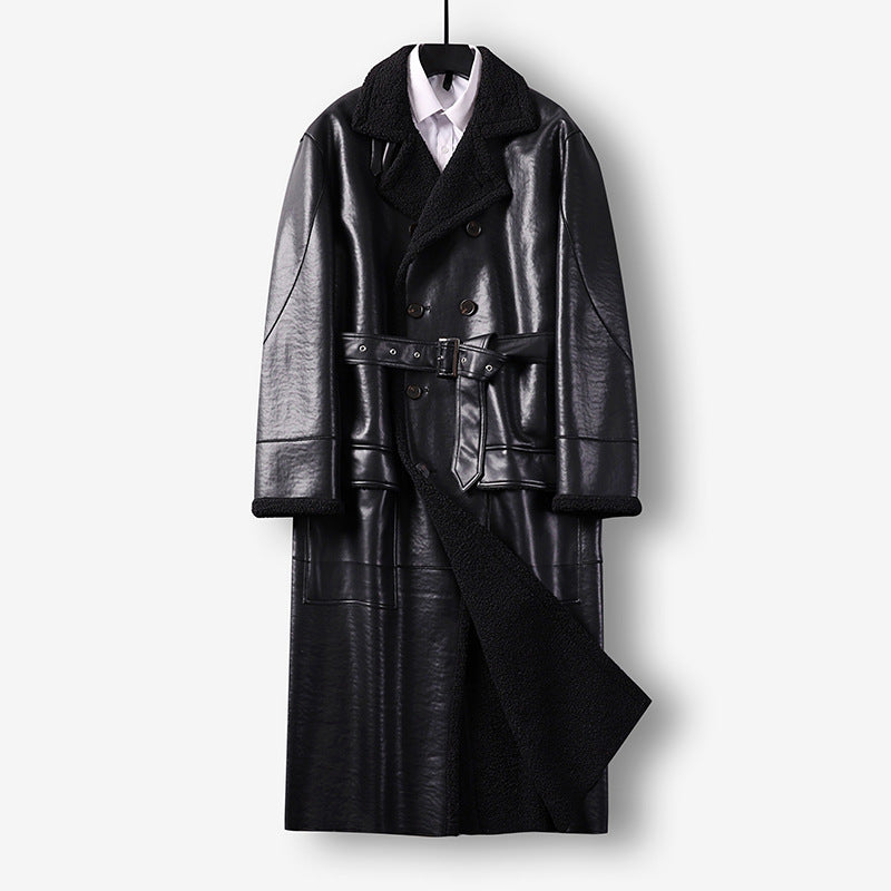 Men's Maxi-length Faux Leather Coat with Teddy Lining, Double-breasted Button Placket and Waist Belt Mune Fashion