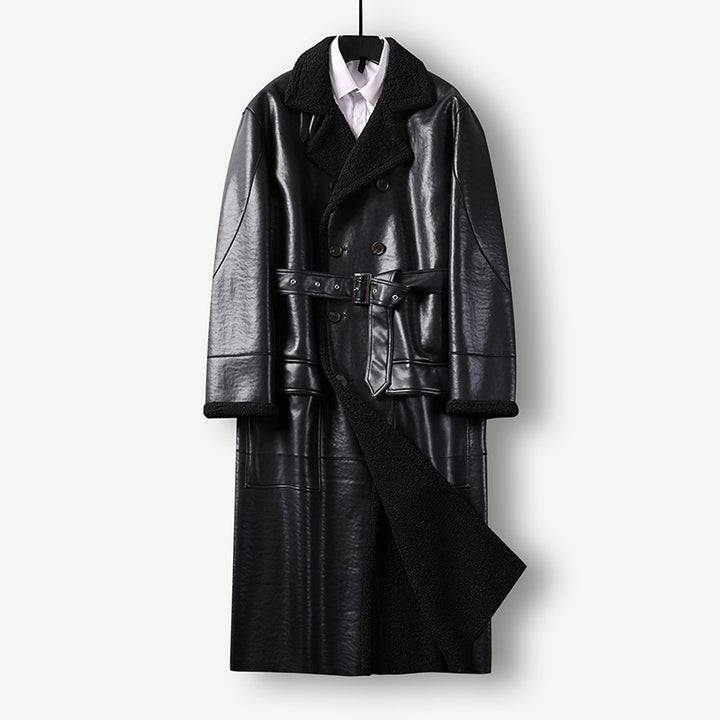 Men's Maxi-length Faux Leather Coat with Teddy Lining, Double-breasted Button Placket and Waist Belt Mune Fashion
