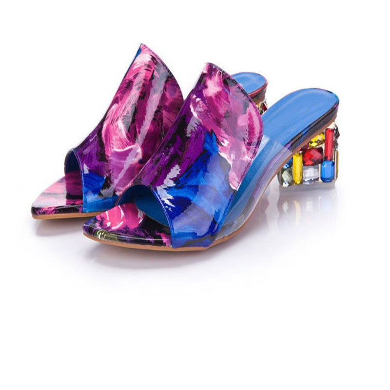 Women's embossed mule with open toe and faceted gemstones on the block heel Mune Fashion