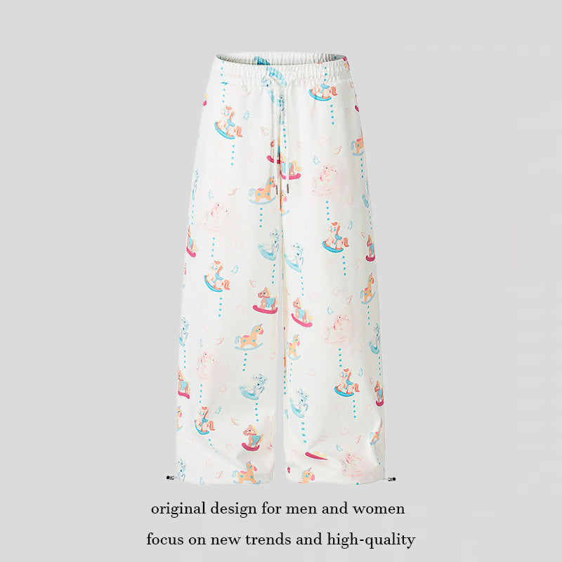 Women's Wide Palazzo Lounge Pants with Comfortable Waistband, Drawstring and Playful Rocking Horse Print Mune Fashion