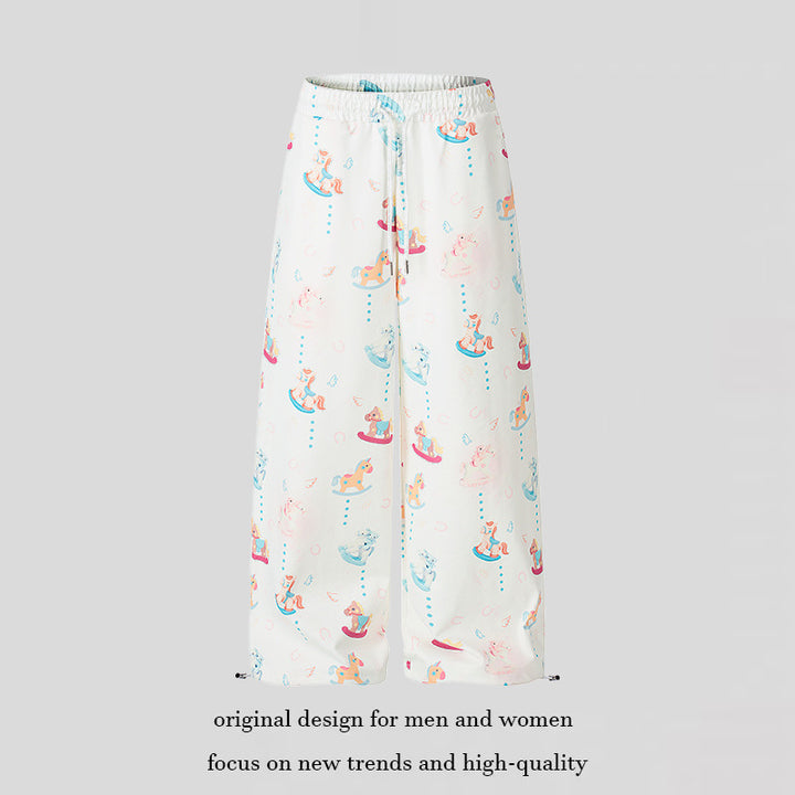 Women's Wide Palazzo Lounge Pants with Comfortable Waistband, Drawstring and Playful Rocking Horse Print Mune Fashion