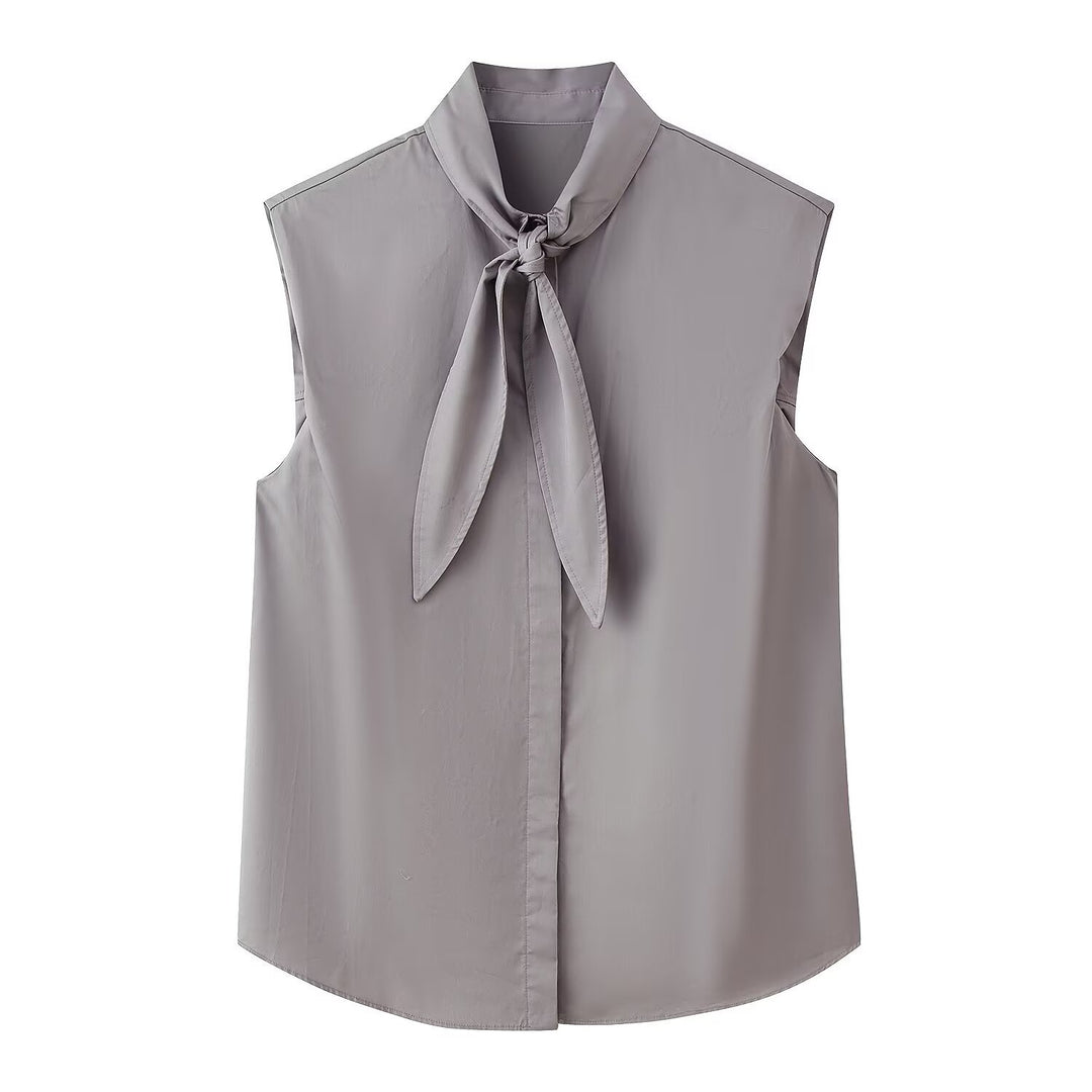 Women's Sleeveless Poplin Blouse with Bow Collar and Pinstripes Mune Fashion