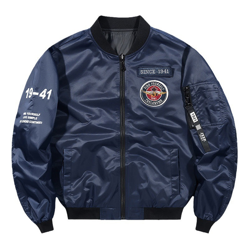 Men's Lightweight Nylon Bomber Jacket in Aviator Style with Patch Details and Arm Pocket Mune Fashion