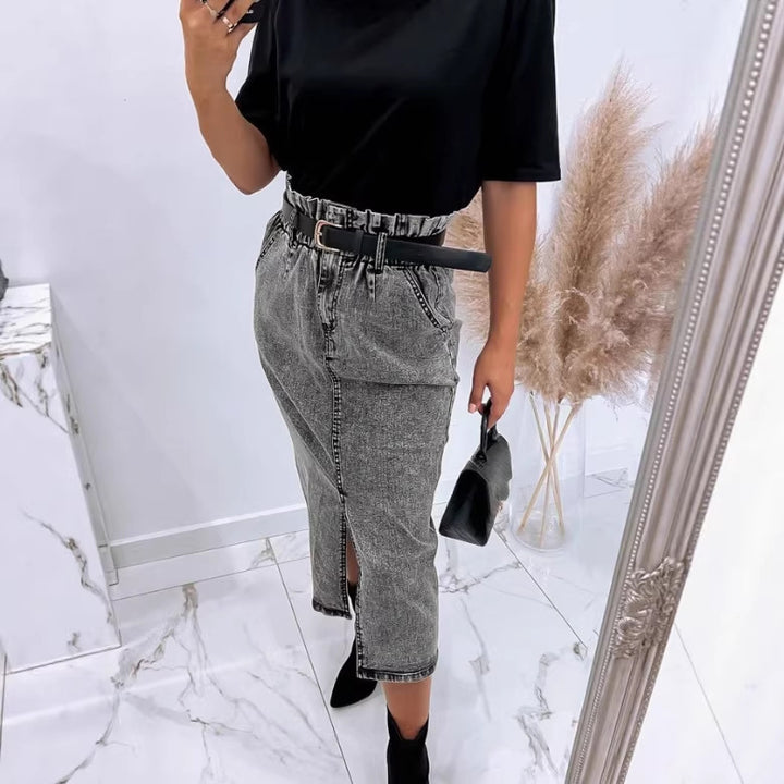 Women's High-Waisted Paperbag Denim Midi Skirt with Front Slit and Tied Belt Mune Fashion