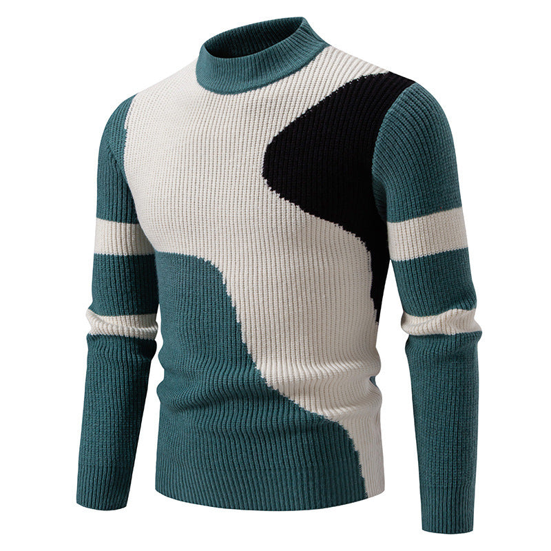 Men's fine ribbed knitted pullover with stand-up collar and contrast block design Mune Fashion