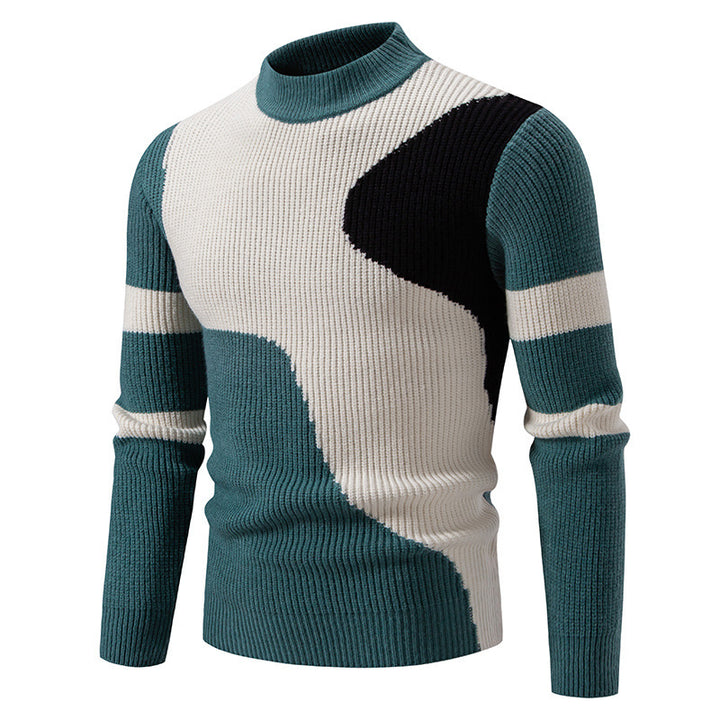 Men's fine ribbed knitted pullover with stand-up collar and contrast block design Mune Fashion