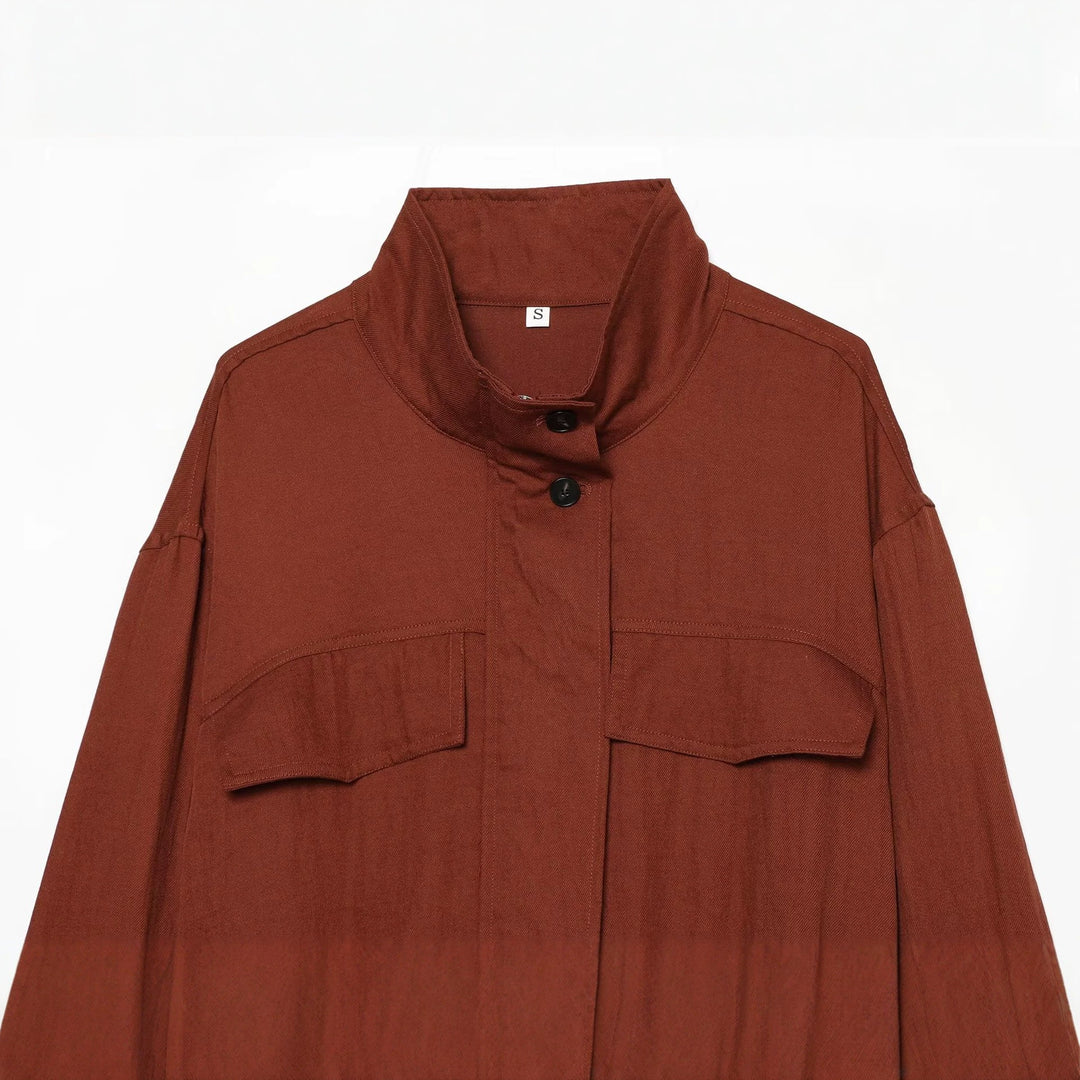 Women's Short Boxy Utility Jacket with Stand Collar, Flap Pockets and Elastic Hem Mune Fashion