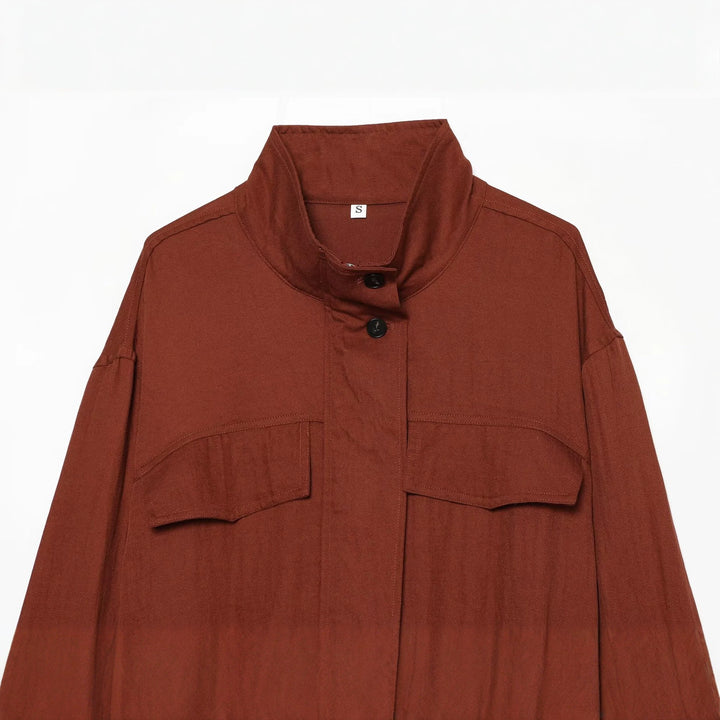 Women's Short Boxy Utility Jacket with Stand Collar, Flap Pockets and Elastic Hem Mune Fashion