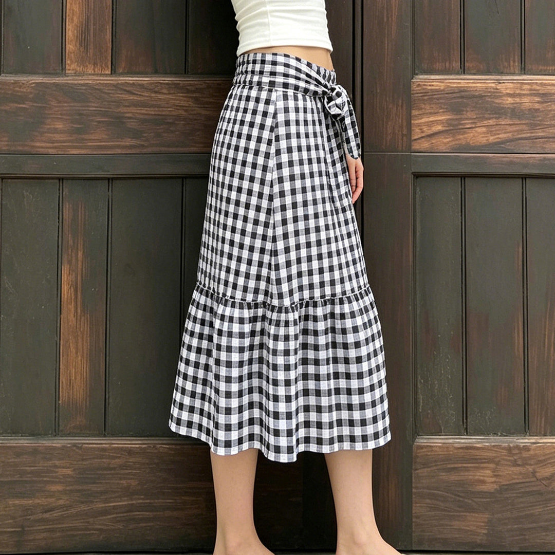 Women's Checked Midi Skirt with High Waist Tie and Tiered Ruffle Mune Fashion