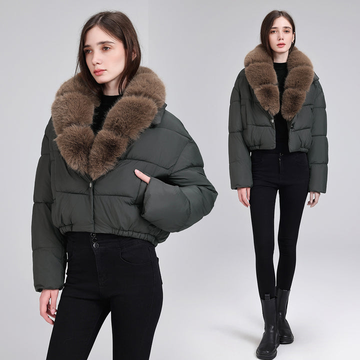 Women's Short Quilted Puffer Bomber Jacket with Extra Wide Faux Fur Collar Mune Fashion