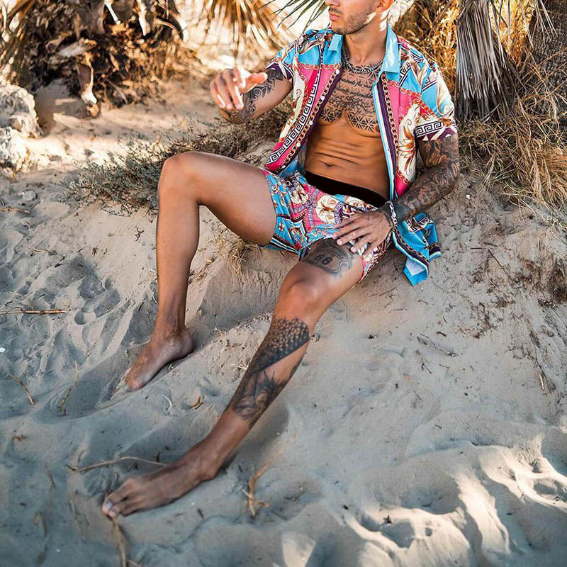 Men's short-sleeved shirt with baroque pattern and matching loose-fitting shorts Mune Fashion