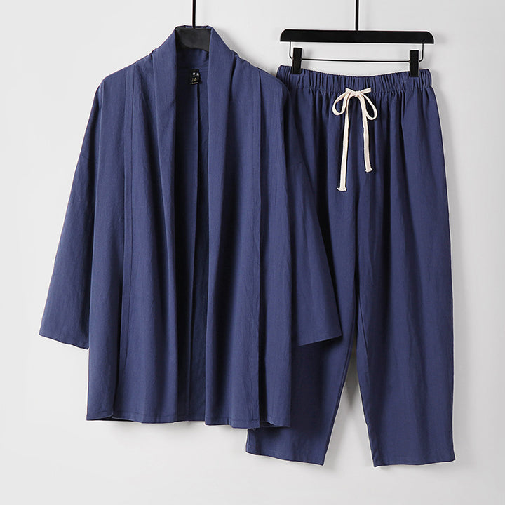 Unisex Lockeres Kimono-Lounge-Set made of lightweight cotton blend with shawl collar and drawstring pants Mune Fashion