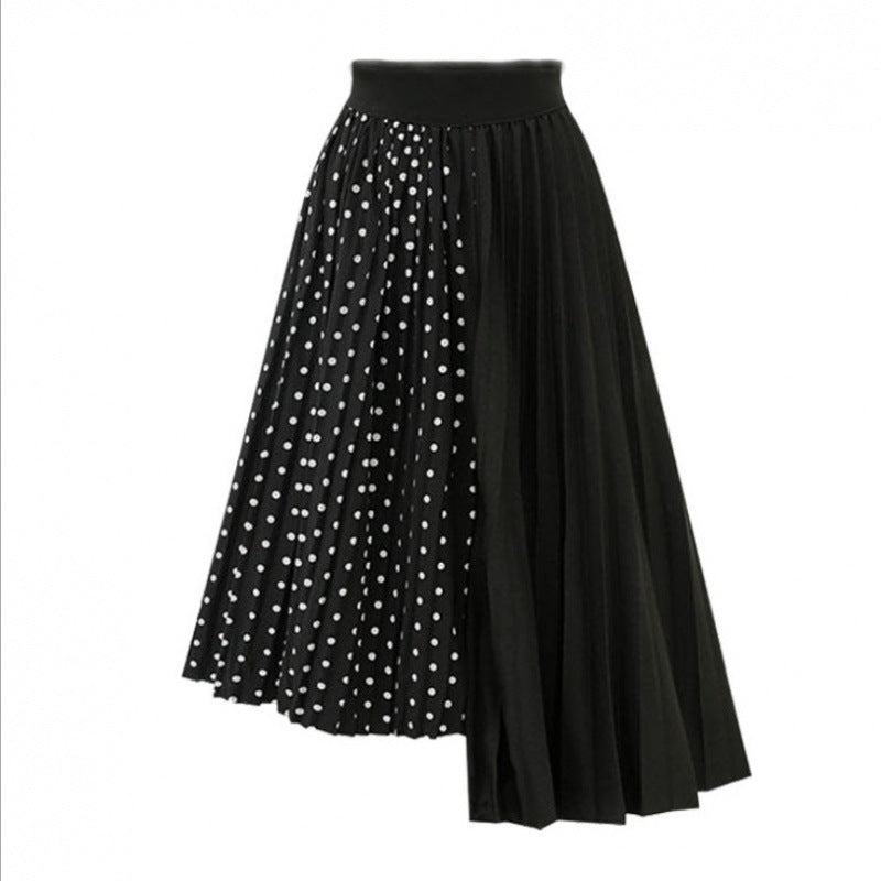 Women Asymmetric Pleated Midi Skirt with Polka Dot Panel and Elastic Waistband Mune Fashion