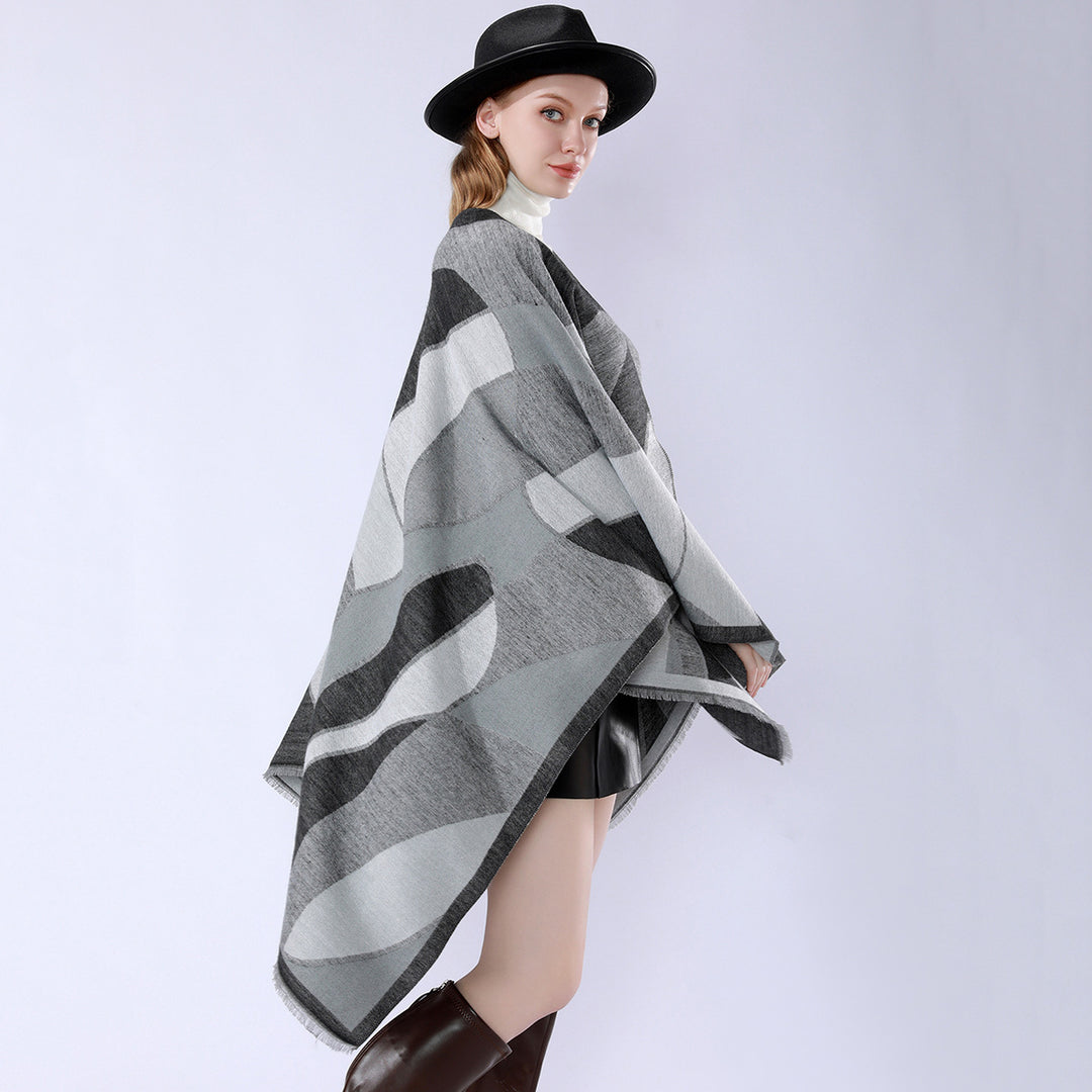 Women's Oversize Poncho with V Neck and Geometric Jacquard Design Mune Fashion