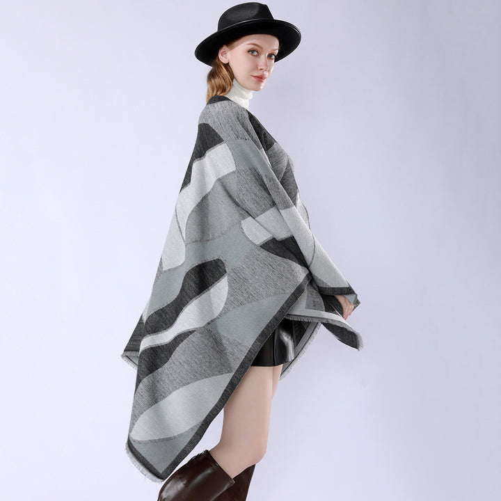 Women's Oversize Poncho with V Neck and Geometric Jacquard Design Mune Fashion