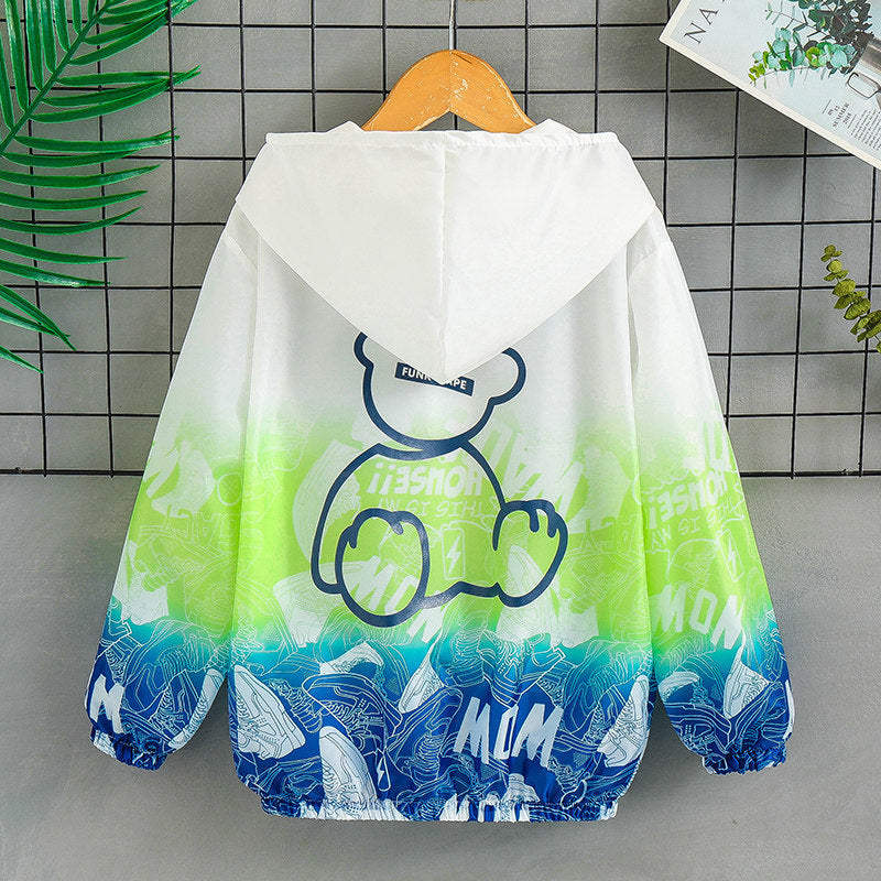 Unisex nan lightweight hoodie jacket with comic bear print, windbreaker fabric, and elastic hem Mune Fashion