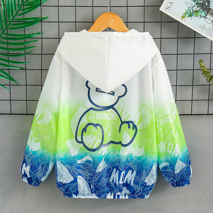 Unisex nan lightweight hoodie jacket with comic bear print, windbreaker fabric, and elastic hem Mune Fashion
