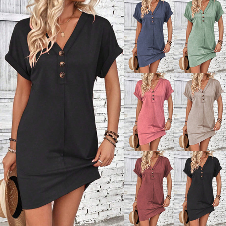 Ladies Loose V-Neck Casual Dress with Decorative Button Placket Mune Fashion
