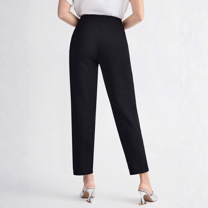 Women Elegant straight-cut fabric pants with elastic waistband and side glitter trim Mune Fashion