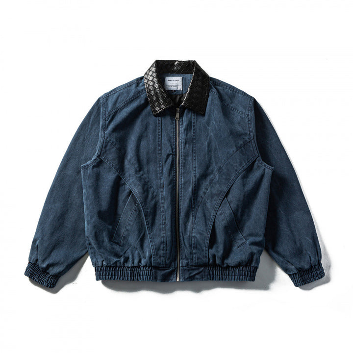 Men's Boxy Denim Blouson Jacket with Quilted Leather Collar and Elastic Cuffs Mune Fashion