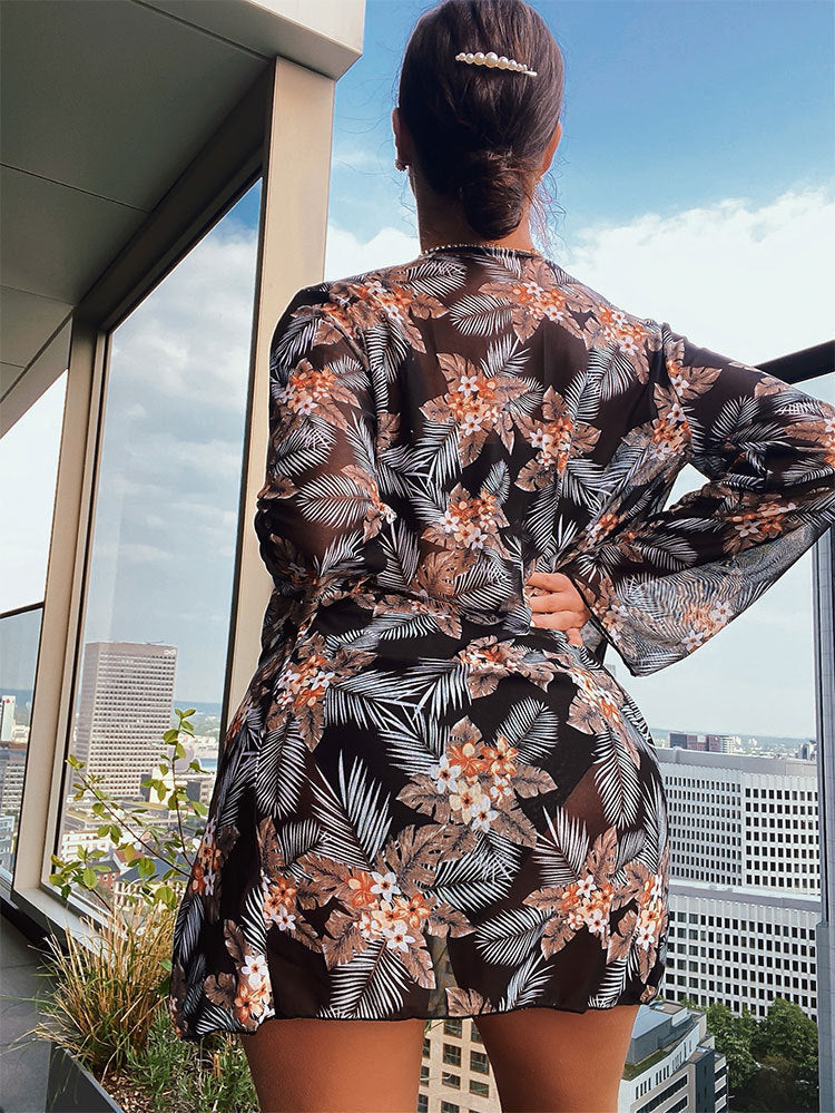 Women's bikini set with floral high-waisted bottom and matching kimono Mune Fashion