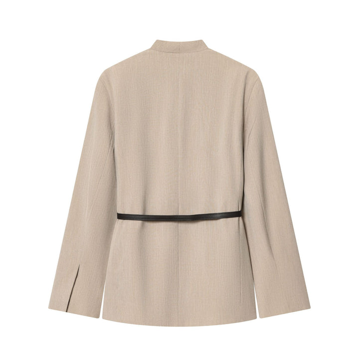 Ladies non-tailored collarless blazer with V-neck and thin leather belt Mune Fashion