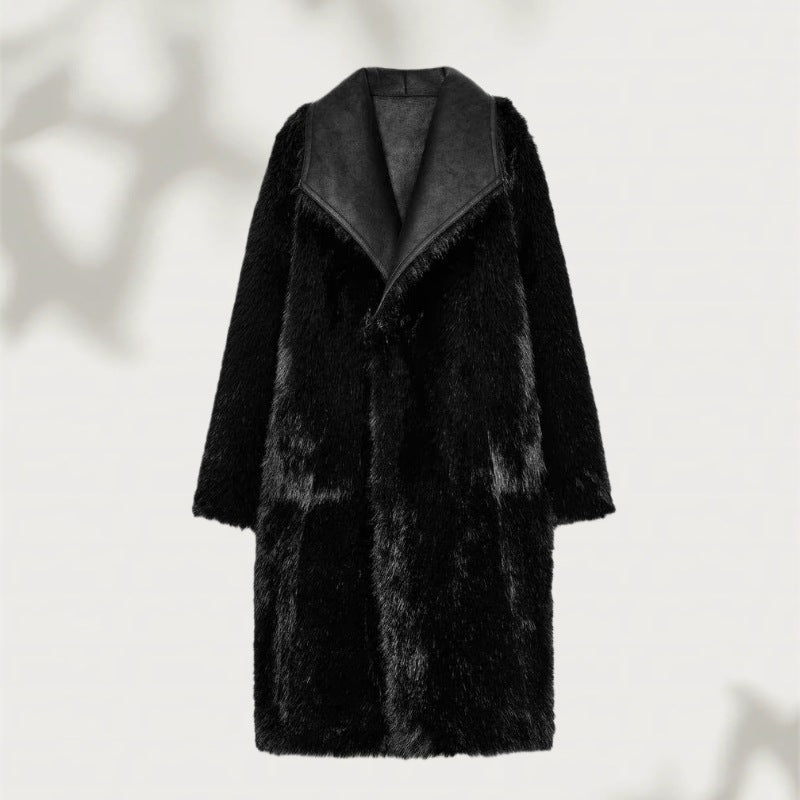 Women's Long Faux Fur Shearling Coat with Oversized Shawl Collar and Patch Pockets Mune Fashion