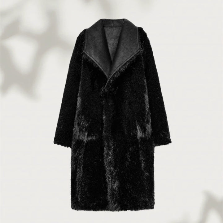 Women's Long Faux Fur Shearling Coat with Oversized Shawl Collar and Patch Pockets Mune Fashion