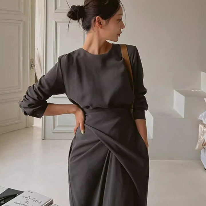 Women’s Modern Long Dress with Overlapping Waistline, Concealed Pockets, and Boxy Silhouette Mune Fashion