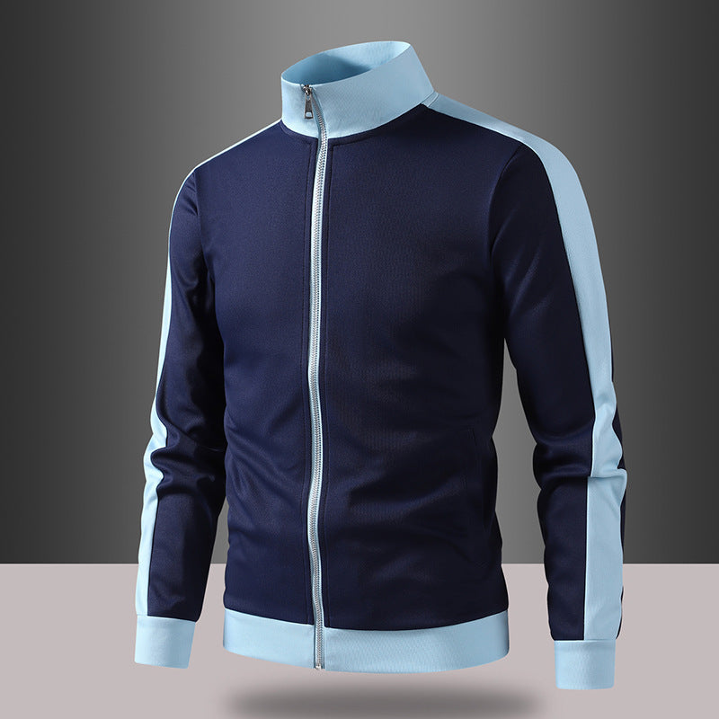 Men's retro track jacket with stand-up collar, contrast stripes, and visible zipper Mune Fashion