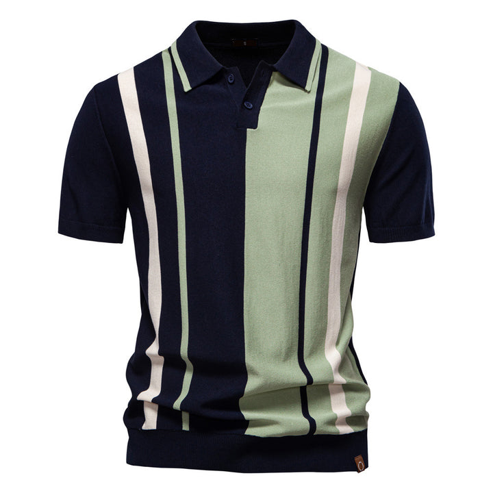 Men's retro-inspired knit polo with vertical intarsia structure and open kent collar Mune Fashion