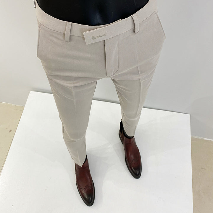 Men's slim elegant suit pants with stretch waistband, crease and narrow tapered leg Mune Fashion