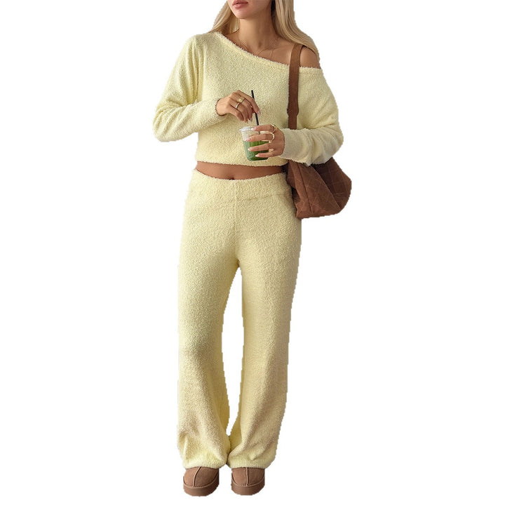 Women's cozy bouclé lounge set with one-shoulder crop pullover and high-waist palazzo pants Mune Fashion