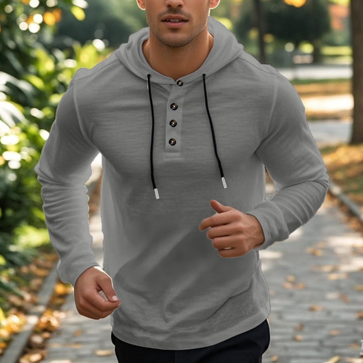 Men's casual hoodie in Henley style with button placket and adjustable drawstring Mune Fashion
