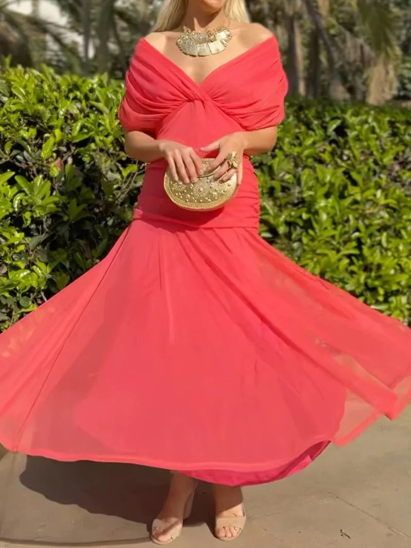 Ladies elegant floor-length evening dress with draped shoulder area and airy chiffon skirt Mune Fashion