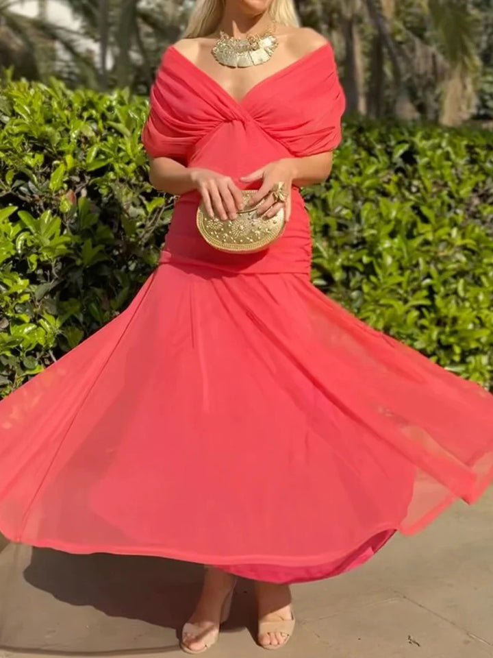 Women nan flowing evening dress with transparent chiffon capelet, V-neck and tailored draping Mune Fashion