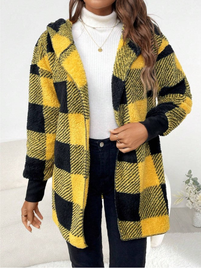 Women's checked teddy coat with large lapel collar and ribbed cuffs Mune Fashion