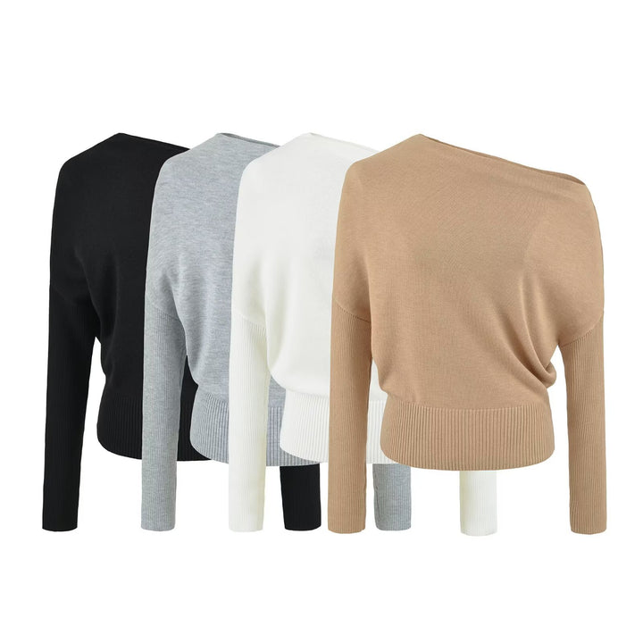 Women's Oversize One-Shoulder Pullover with Batwing Sleeves and Wide Ribbed Cuff Mune Fashion