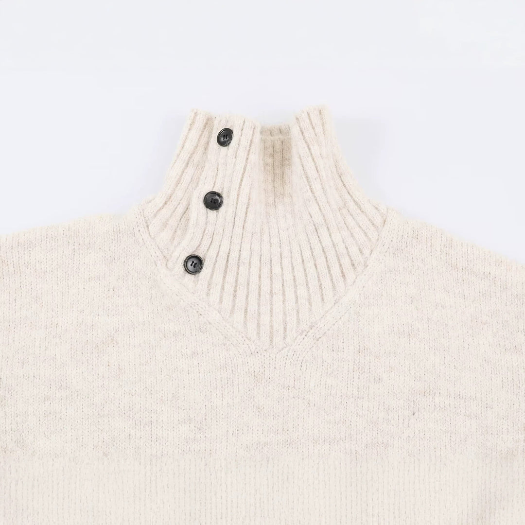 Women's Oversized Knit Sweater with High Ribbed Collar, Button Detail and V-Neck Mune Fashion