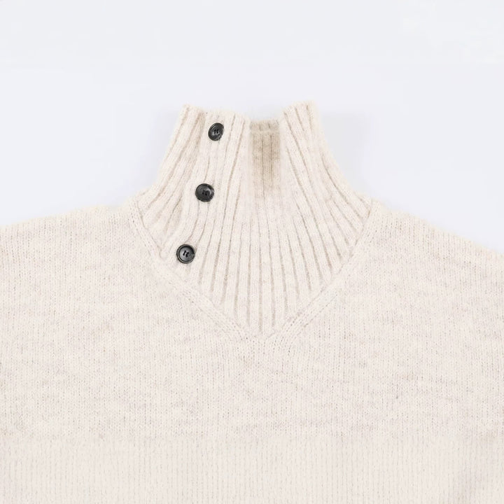 Women's Oversized Knit Sweater with High Ribbed Collar, Button Detail and V-Neck Mune Fashion