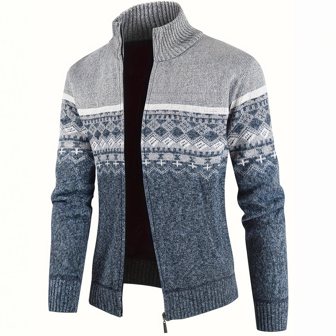 Men's Thermo Cardigan with Stand-up Collar and Zipper Norwegian Knit Fleece-lined Mune Fashion